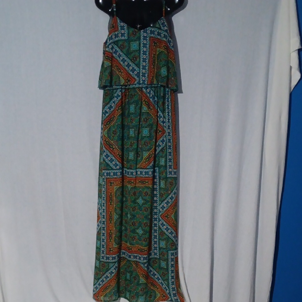 As U Wish Boho Maxi Full Dress Straps Slit Back Short Slip Crop Top Blue Orang L